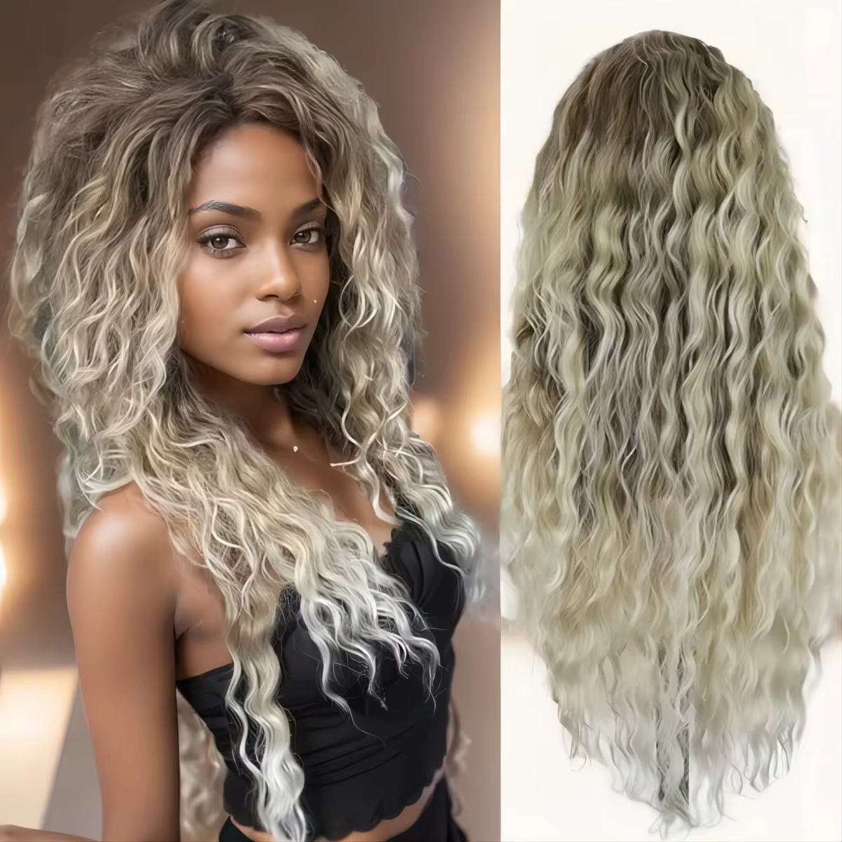 Perruque bouclée synthétique longue ondulée Ombré Blonde pour femmes