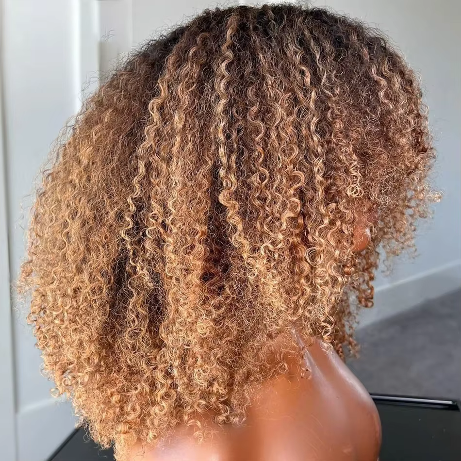 Blonde Afro crépus bouclés Bob perruque cheveux humains fait à la Machine sans colle perruque avec frange brésilienne Ombre Blonde courte Bob perruques cheveux humains