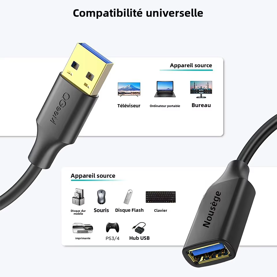 Câble d'extension USB QGeeM Câble d'extension USB 3.0 pour PC portable Smart-TV PS4 Xbox SSD Câble USB Mâle à femelle Rallonge USB à USB Câble de données USB USB 3.0 2.0 Câble d'extension 2m Câble USB