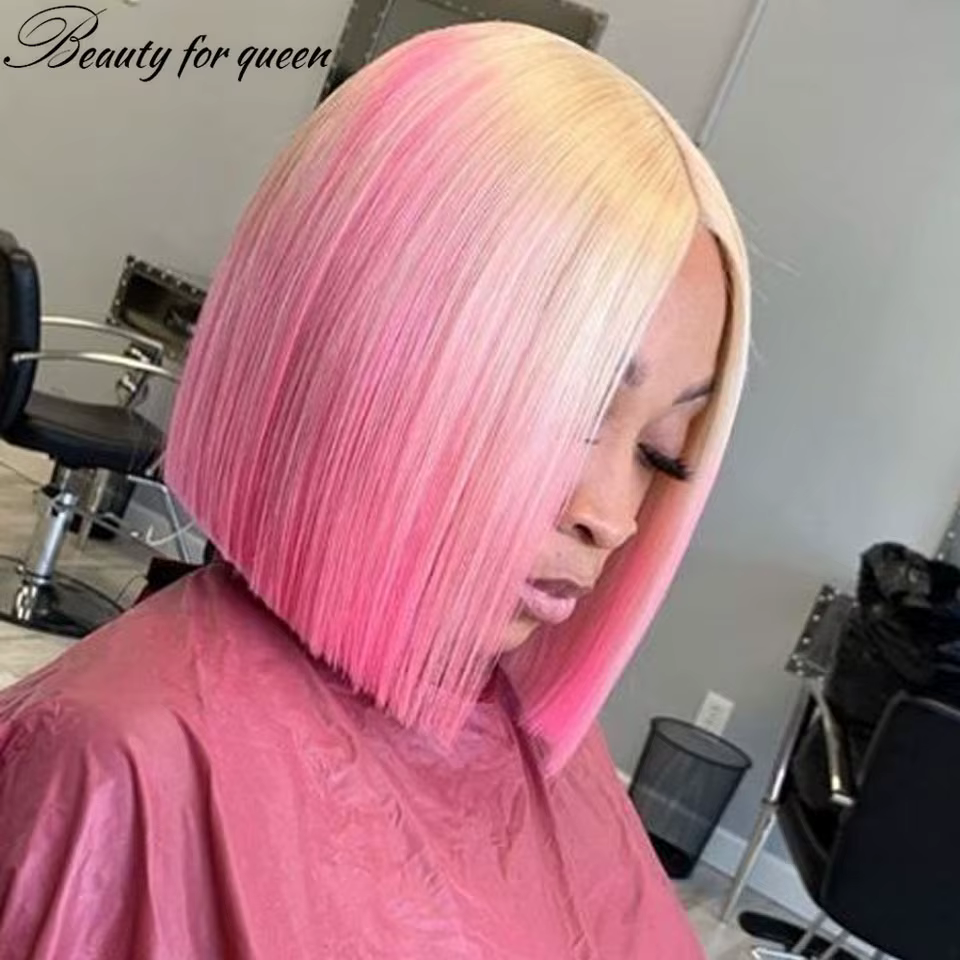 Perruque Bob Lace Front Wig naturelle lisse, cheveux blond miel 613 rose 13x4, perruque Bob courte ombrée de couleur rose, pre-plucked