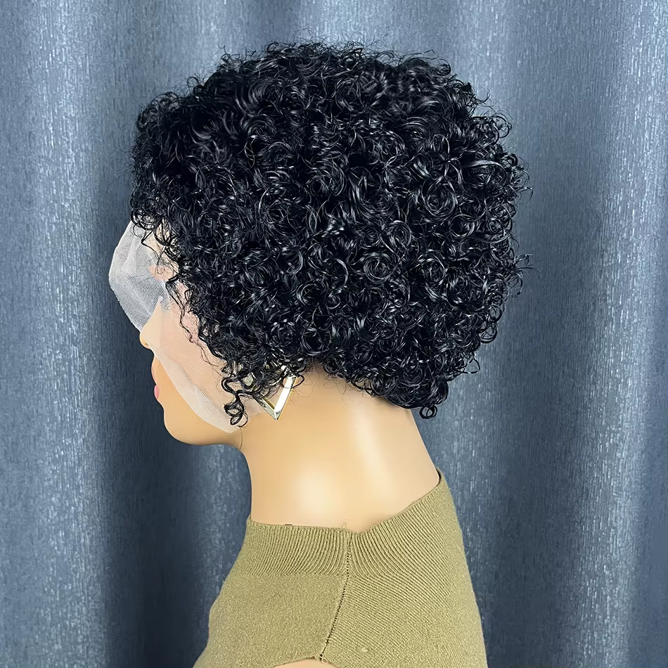Partie latérale courte bouclée Bob perruque cheveux humains vague d'eau coupe de lutin perruques