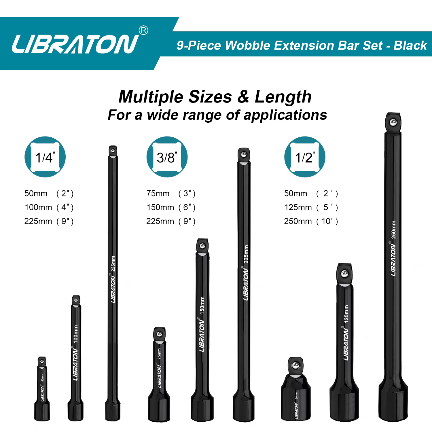 Libraton 9 pièces ensemble d'extensions de douilles oscillantes, Extensions à cliquet 1/4 "3/8" 1/2 ", Extensions oscillantes, Extension de douille d'entraînement
