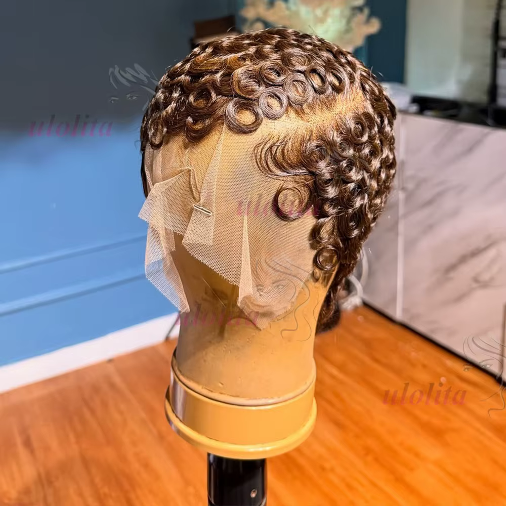 Perruque courte bouclée coupe pixie 13x4 avec dentelle frontale