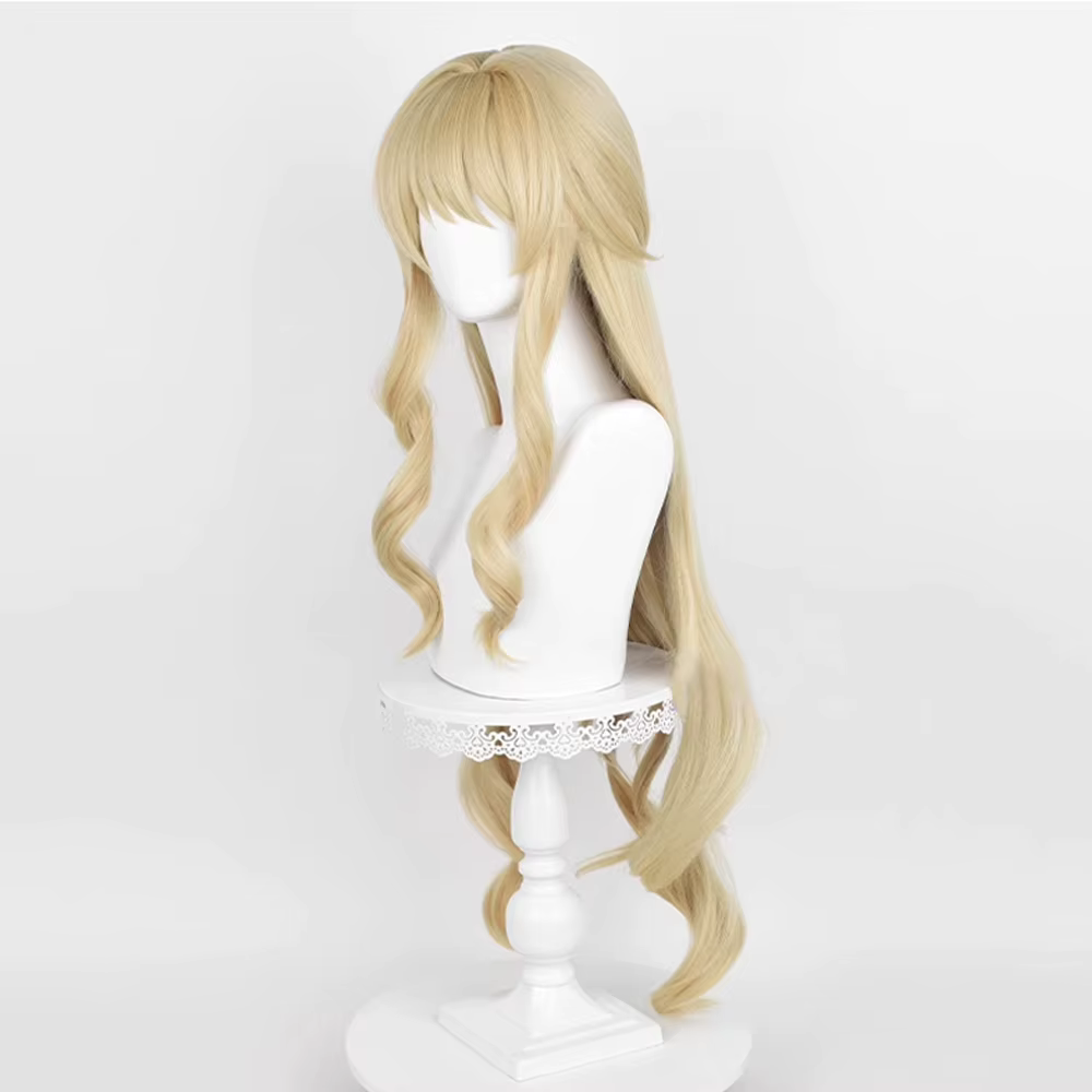 Genshin Impact Navia perruque synthétique longue ondulée Blonde moelleux jeu Cosplay femmes cheveux résistant à la