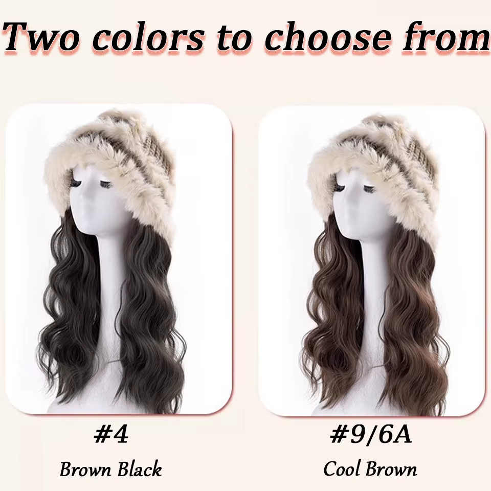Perruque synthétique brune noire avec chapeau