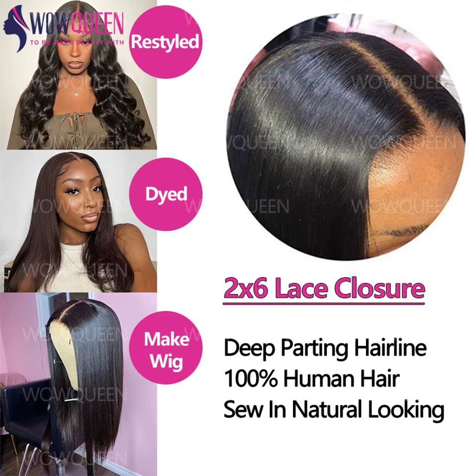 Paquets droits de cheveux humains avec fermeture 2x6 4x4 Extensions