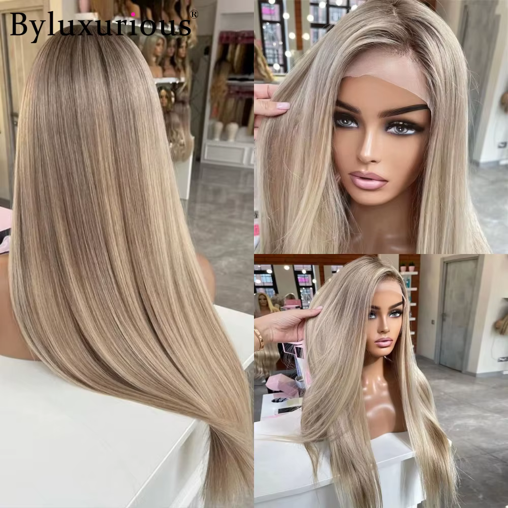 Byluxurious mettre en évidence cendré Mica gris droite 100% perruque de cheveux humains 13x 6/5x5 sans colle prêt à