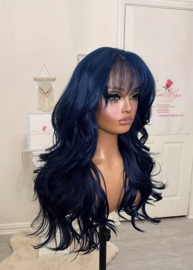 Perruque Lace Frontale Ondulée Bleu Foncé avec Frange 13x4 HD pour Femme, Synthétique de Haute Qualité pour Usage Quotidien et Cosplay