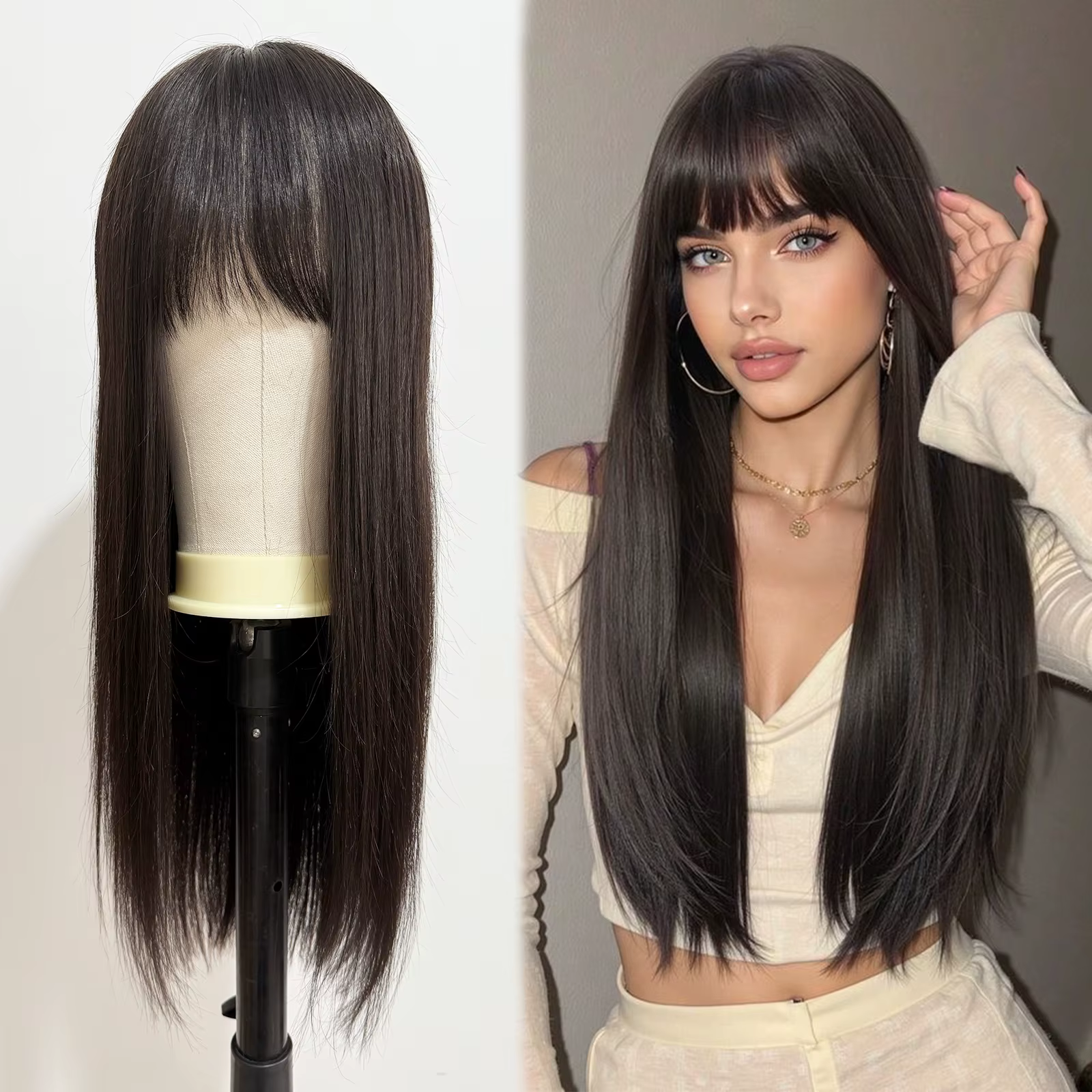 Perruque de cheveux humains européens vierges avec frange