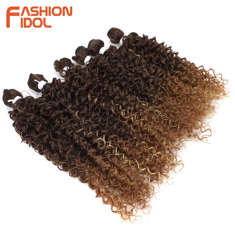 Extensions de cheveux afro bouclés crépus FASHION IDOL, 14-18 pouces, 6 pièces, mèches synthétiques, tissage, ombré brun, cheveux artificiels
