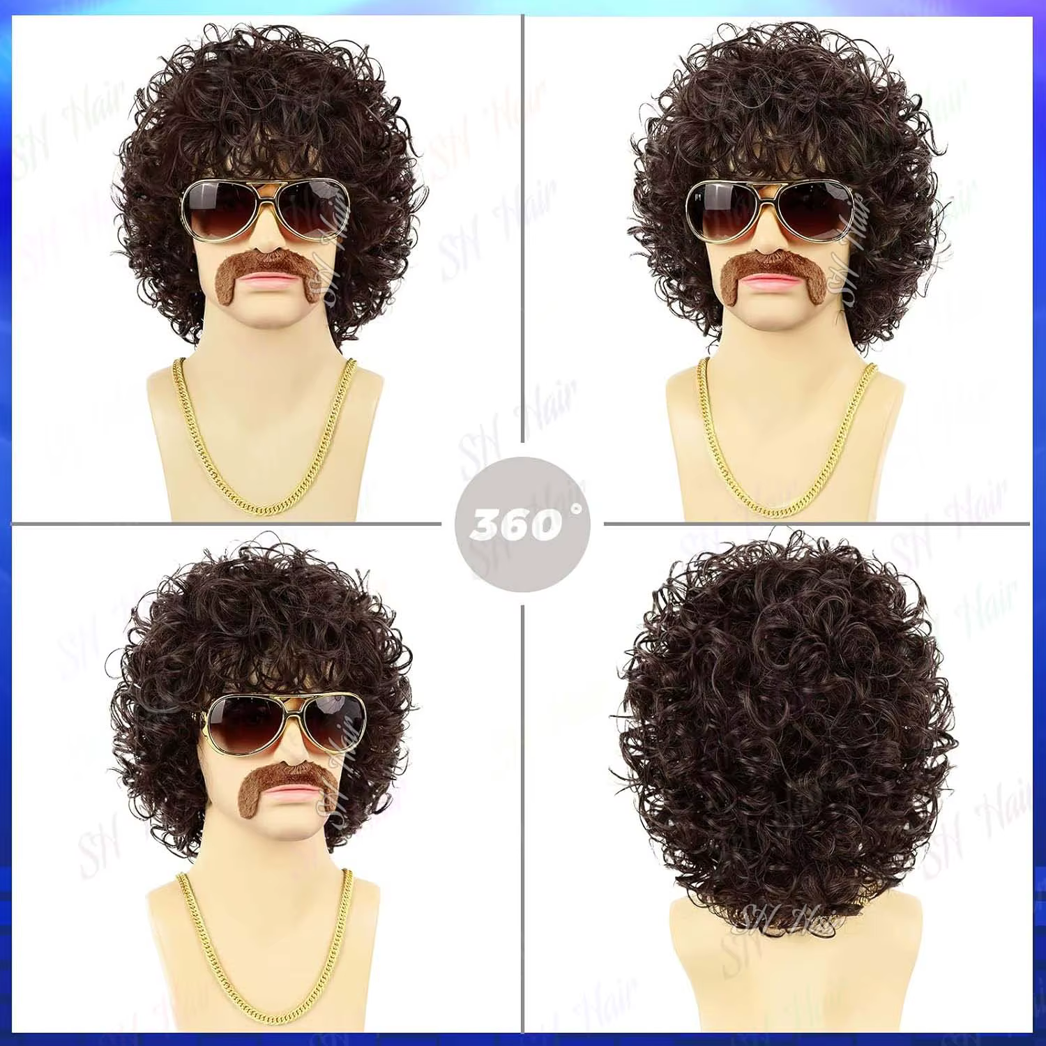 Synthétique Marron | Perruque afro bouclée noire + lunettes + collier + moustache