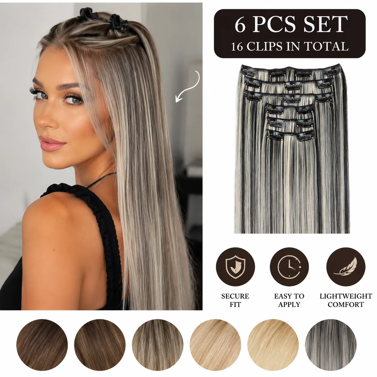 Extensions de cheveux synthétiques blondes et noires, 24 pouces de long, lisses, résistantes à la chaleur, 16 clips, 6 pièces/ensemble