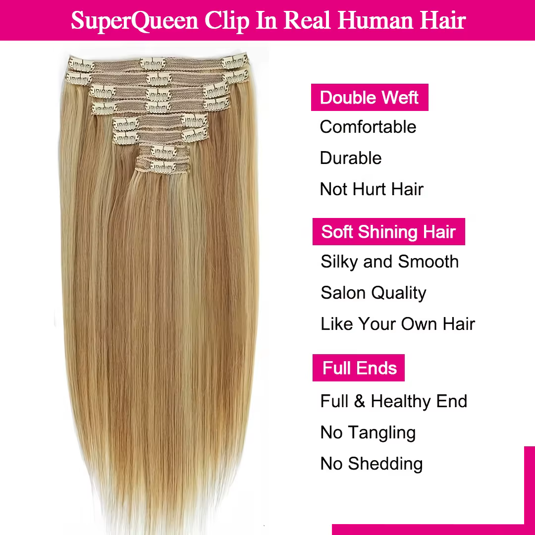 Extensions de cheveux lisses à clipser 120G 8/613 Blond Piano