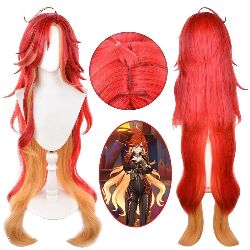 Pyro Archon Mavuika Cosplay perruque 100 cm longue vague bouclée rouge jaune mixte