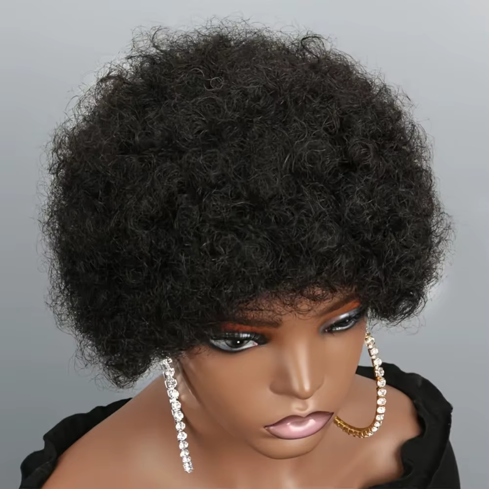Perruque de cheveux humains courts afro bouclés Pixie pour femmes - 6 pouces noir naturel densité 150%