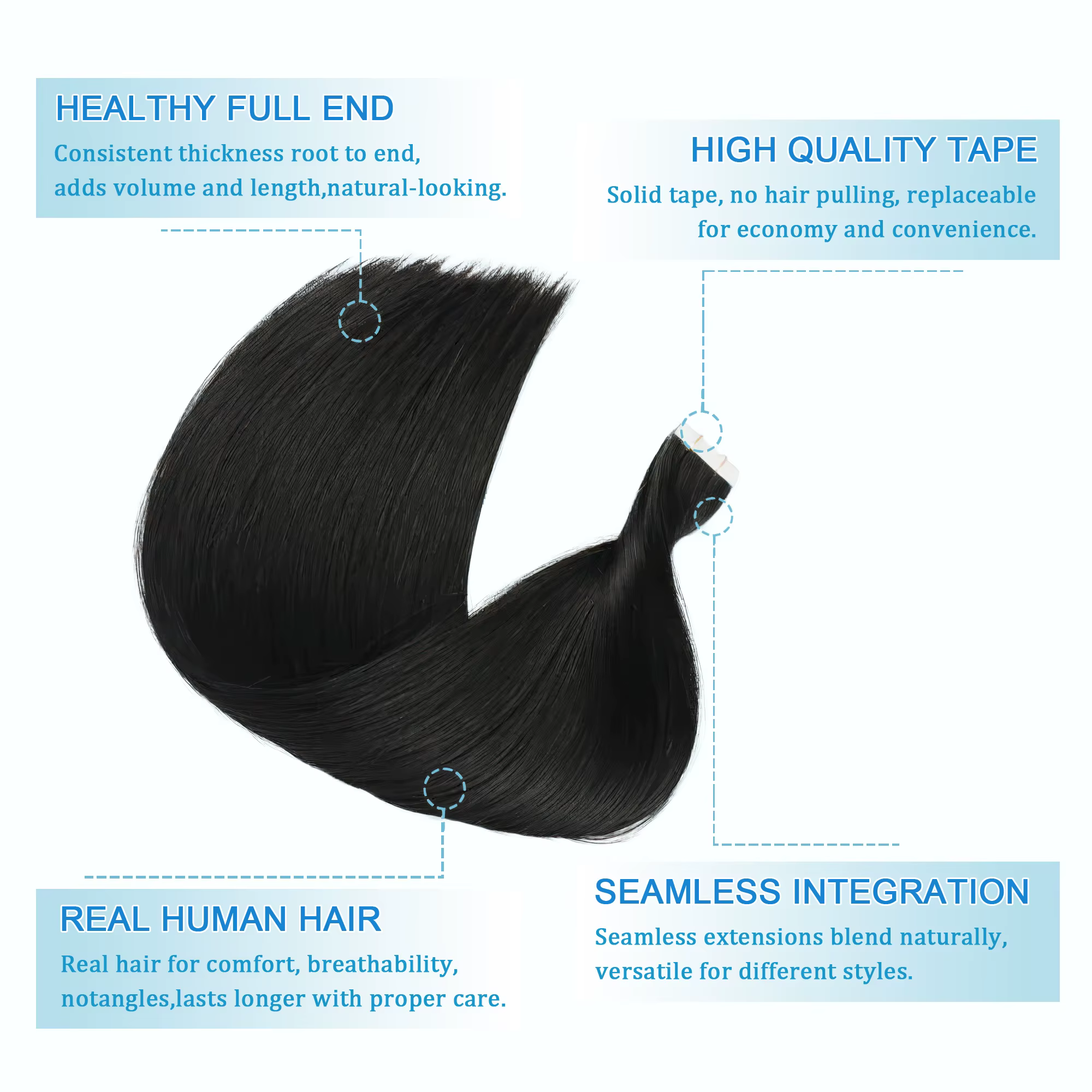 Extensions de cheveux humains lisses à bandes adhésives