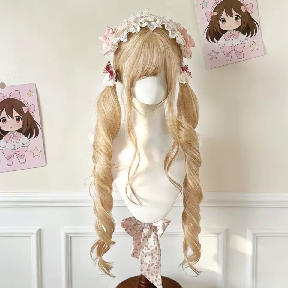 Perruque longue blonde double queue de cheval style Lolita avec frange, boucles princesse, synthétique, noire et marron, pour fille, cosplay, Halloween, Harajuku