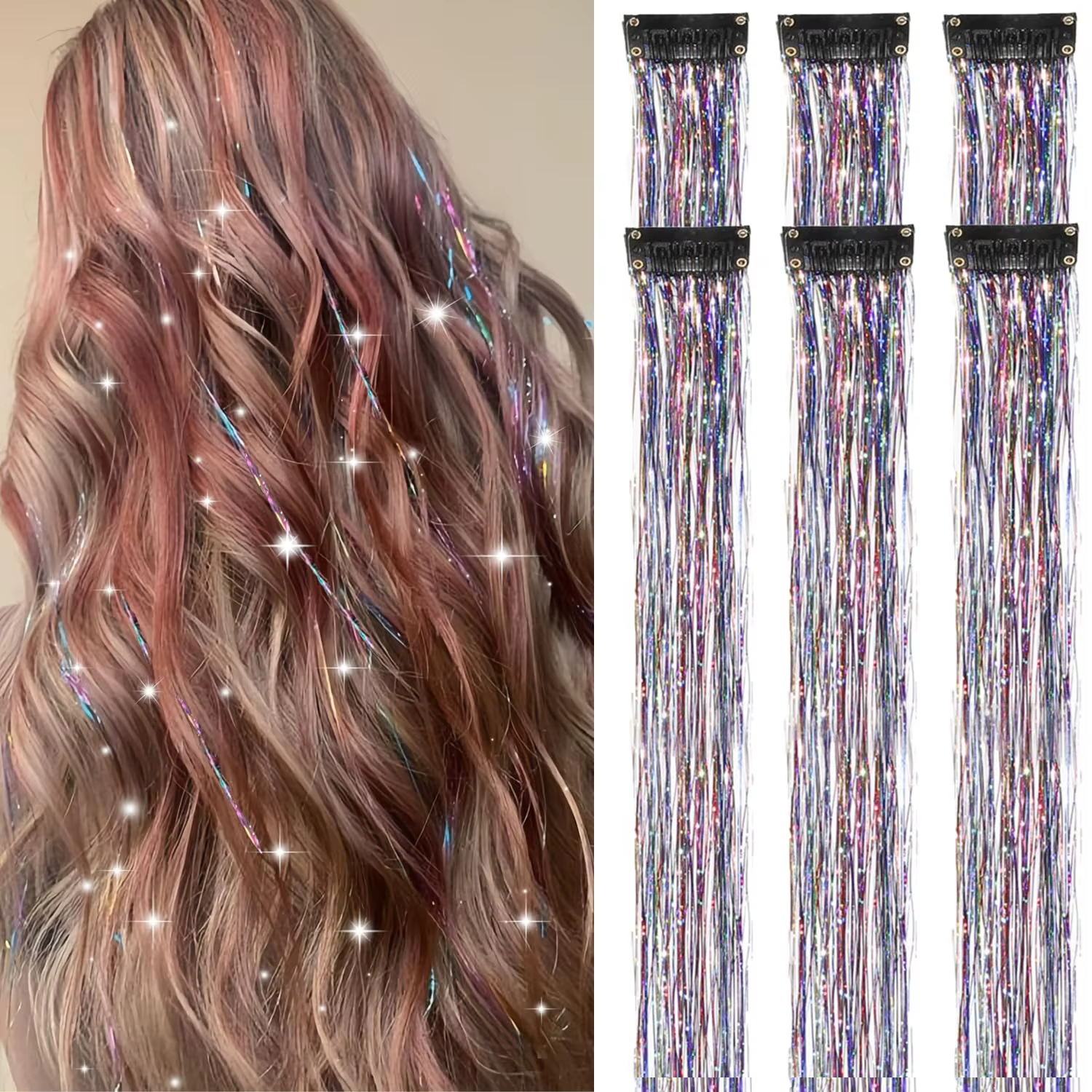 Extensions de cheveux synthétiques à Clip en guirlandes à paillettes