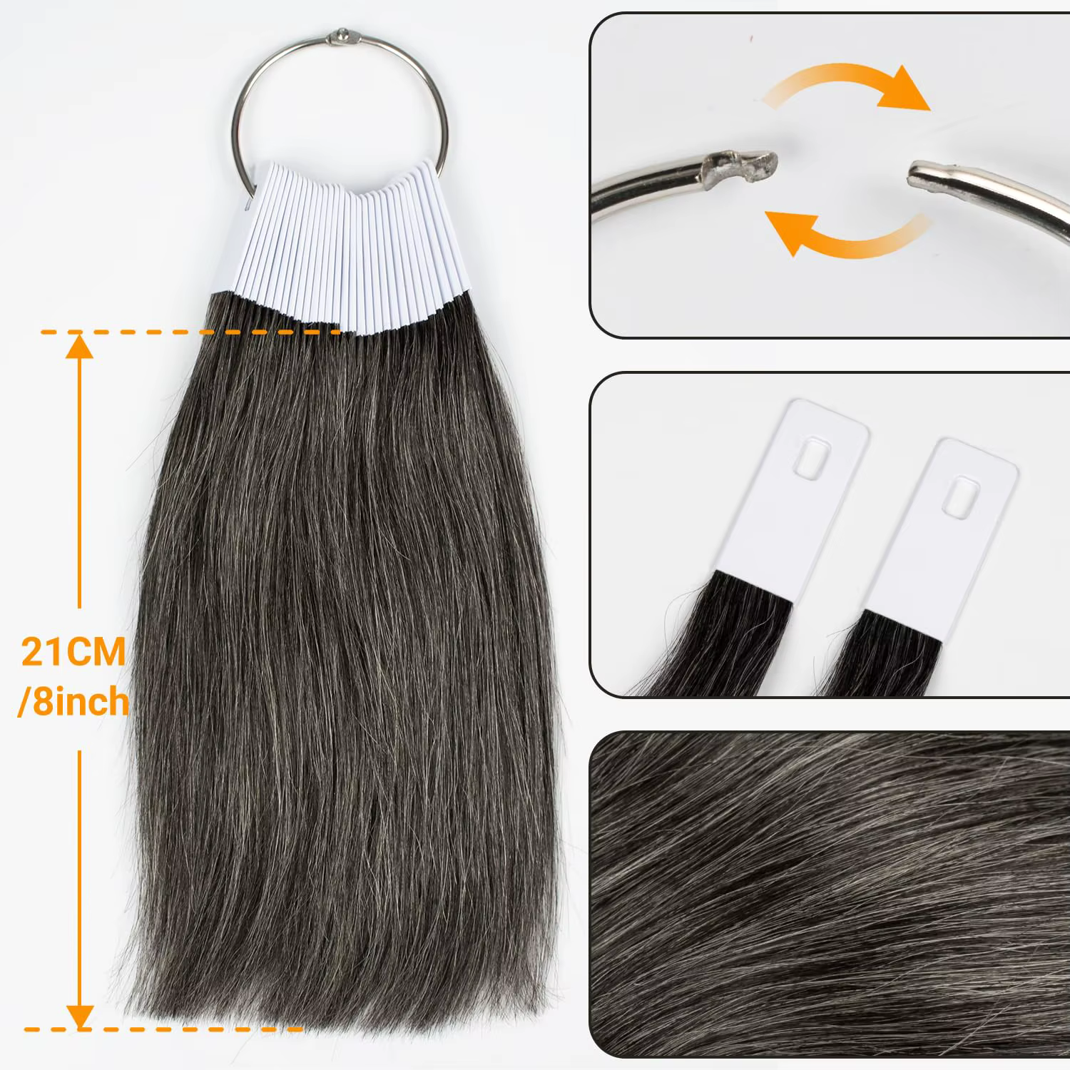 Échantillons de cheveux gris anneaux de couleur Extensions