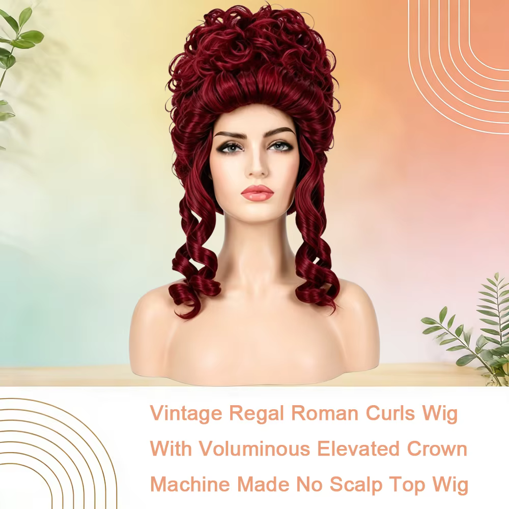 Perruque synthétique vintage Rococo Bourgogne à couronne haute