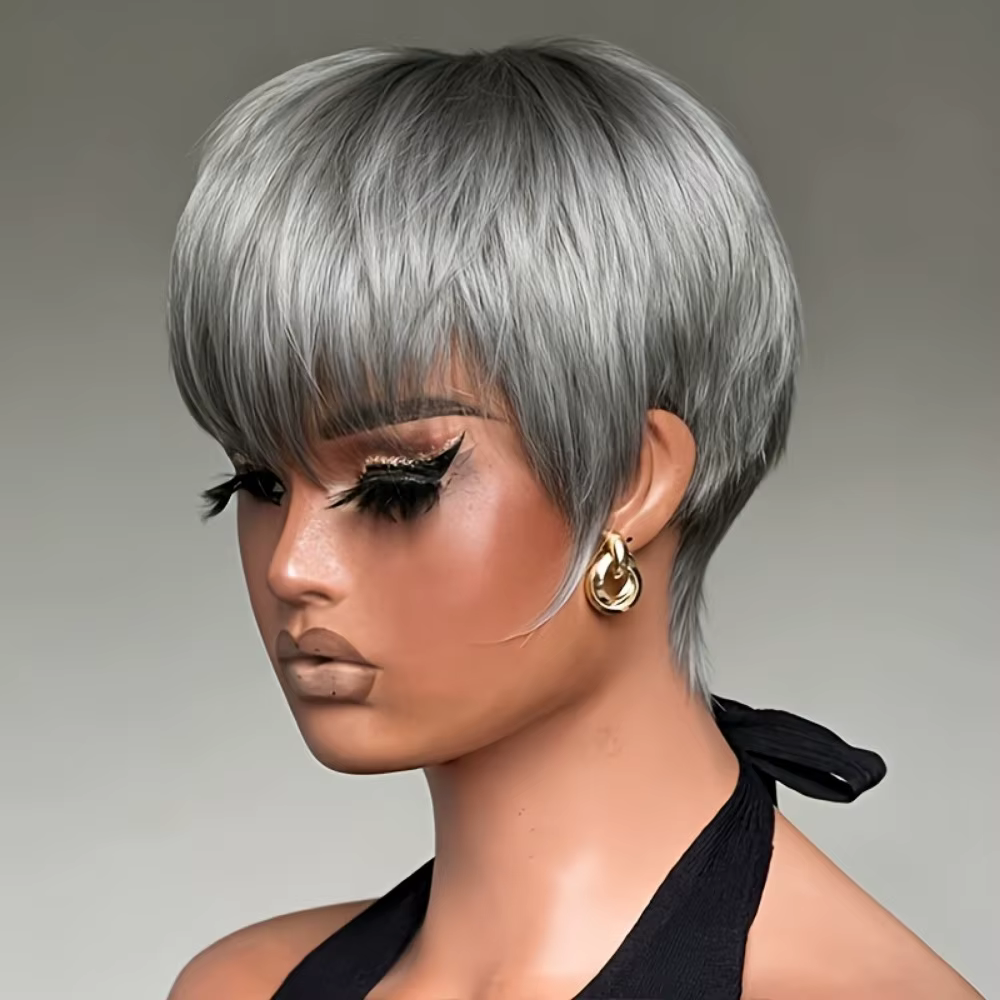 Perruque de cheveux humains - Pixie courte de 6 pouces avec gris # Couleur