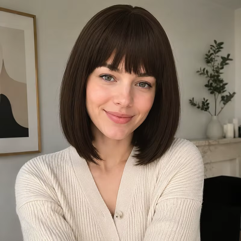 Perruque bob brune de 12 pouces, en cheveux synthétiques naturels, adaptée à un usage quotidien pour les femmes.