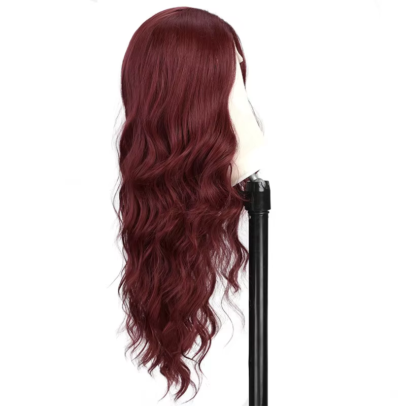 Perruque synthétique couleur vin rouge avec grandes boucles pour Halloween