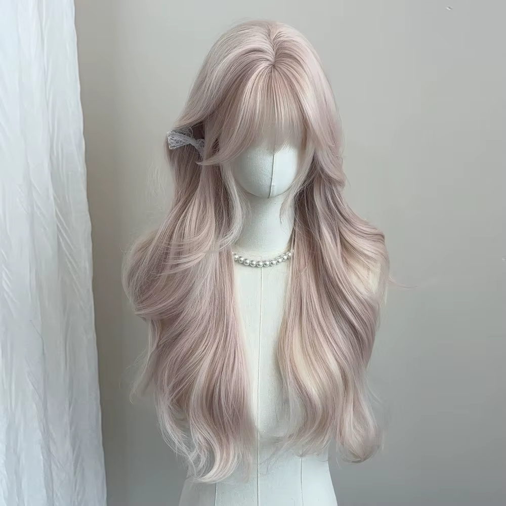 Perruque synthétique très bouclée rose gris féminin avec une bangs