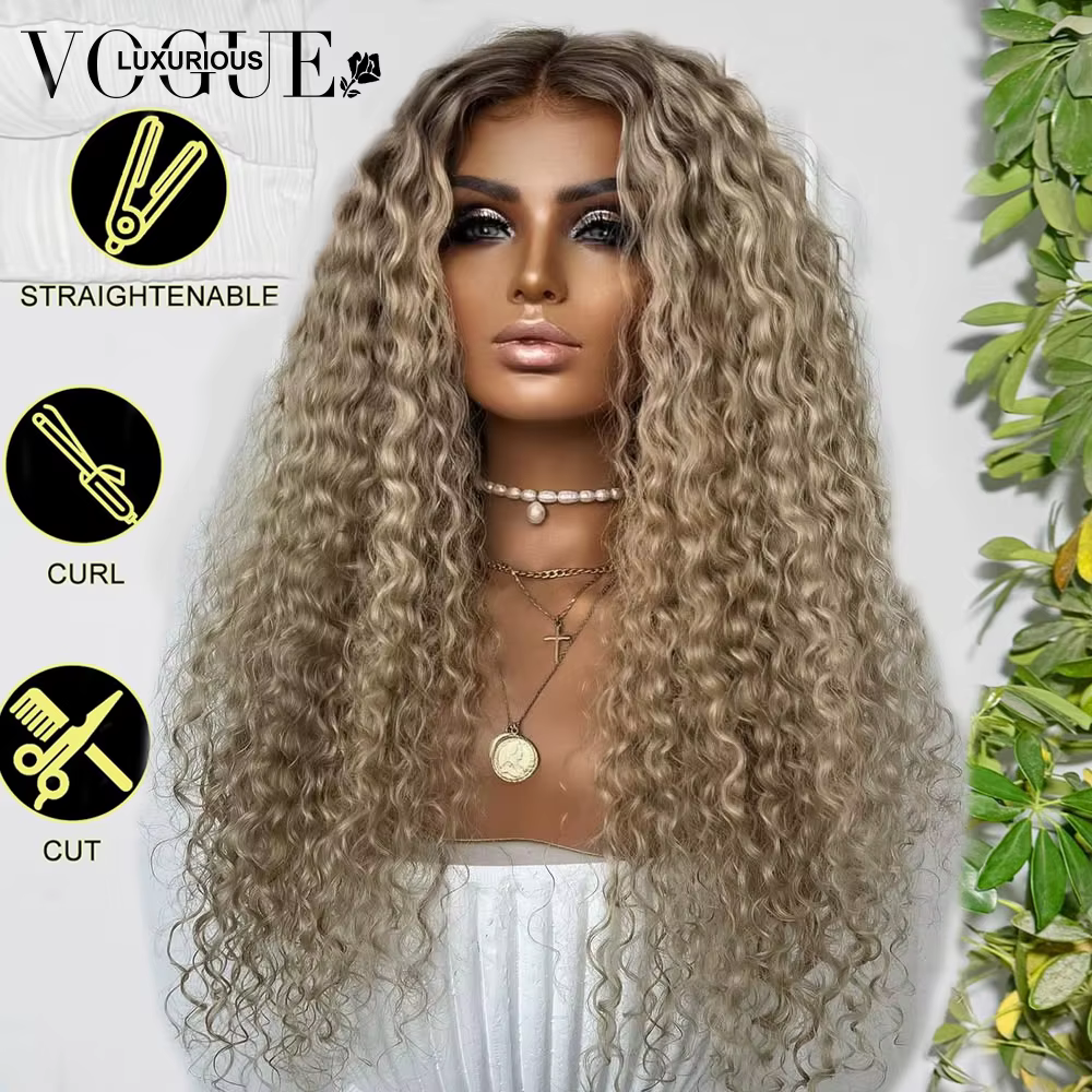 LUX VOGUE 260% frêne brume dorée crépus bouclés 100% perruque de cheveux vierges ombre de racine casquette respirante Construction 13x6 mise à niveau couleur nue