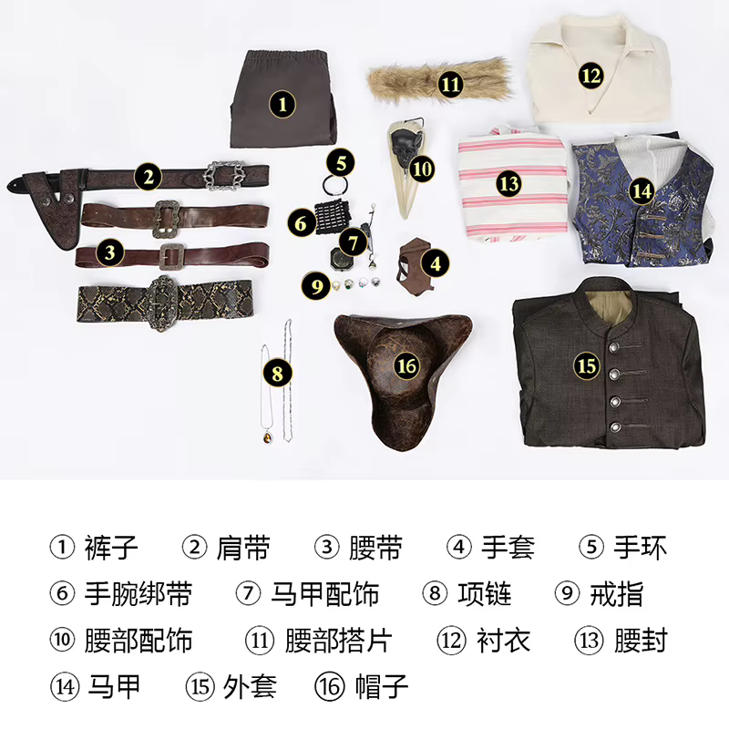 Film Pirates moineau capitaine Jack veste manteau chapeau perruques tenue complet Cosplay ensemble de costumes