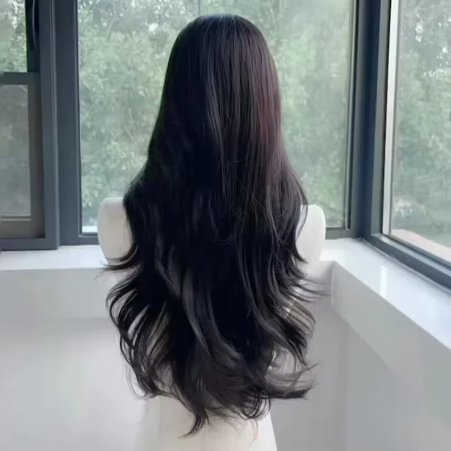 Perruque noire longue ondulée cheveux naturels perruques synthétiques pour femmes 24 pouces haute qualité résistance à
