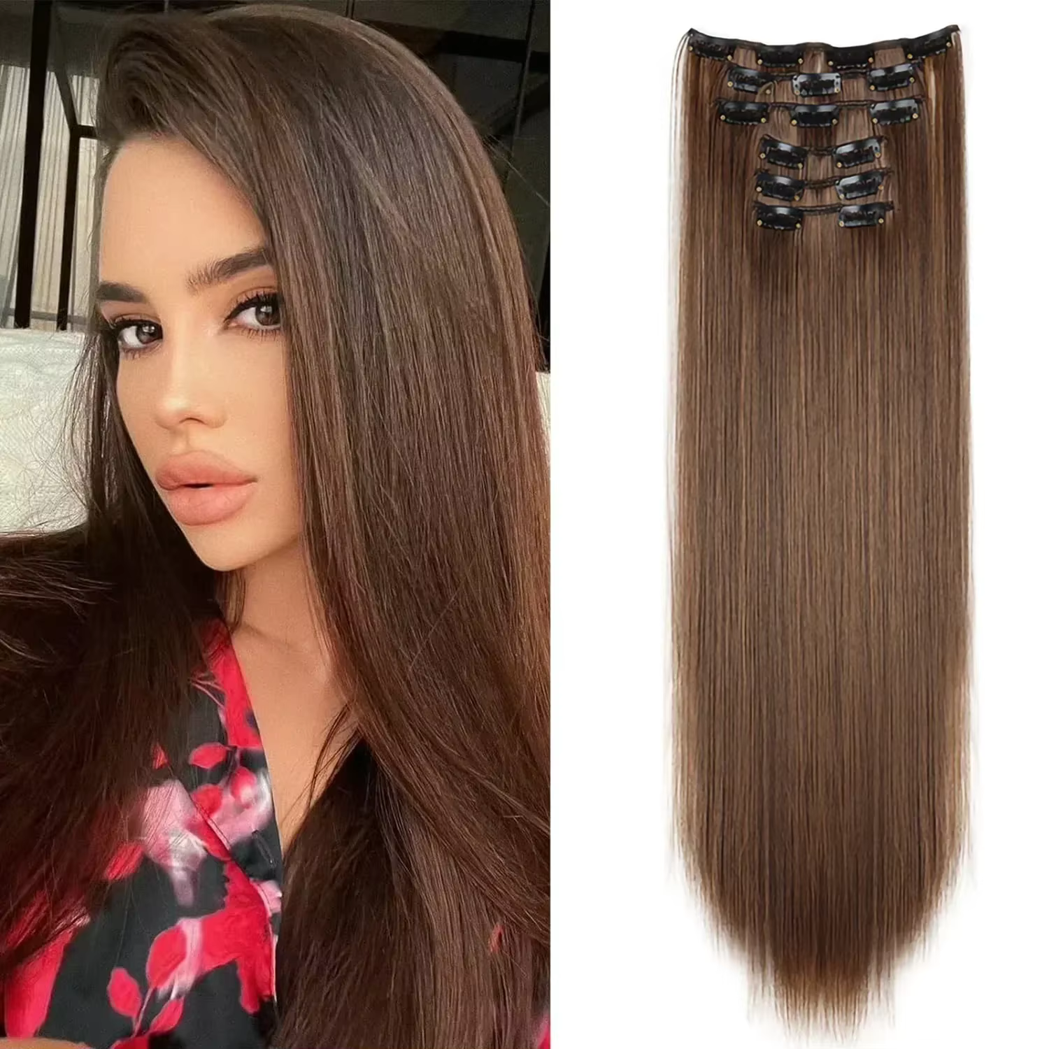 Extensions de cheveux noirs 24 "/60 cm 6 pièces/ensemble femmes longue ligne droite synthétique pleine tête pince 16