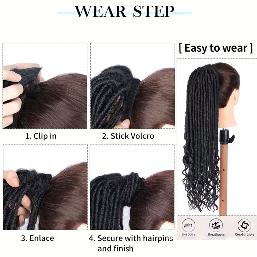 Extensions de queue de cheval à clipser, fausses locks torsadées pour femmes noires, postiches synthétiques Goddess Locs à enrouler