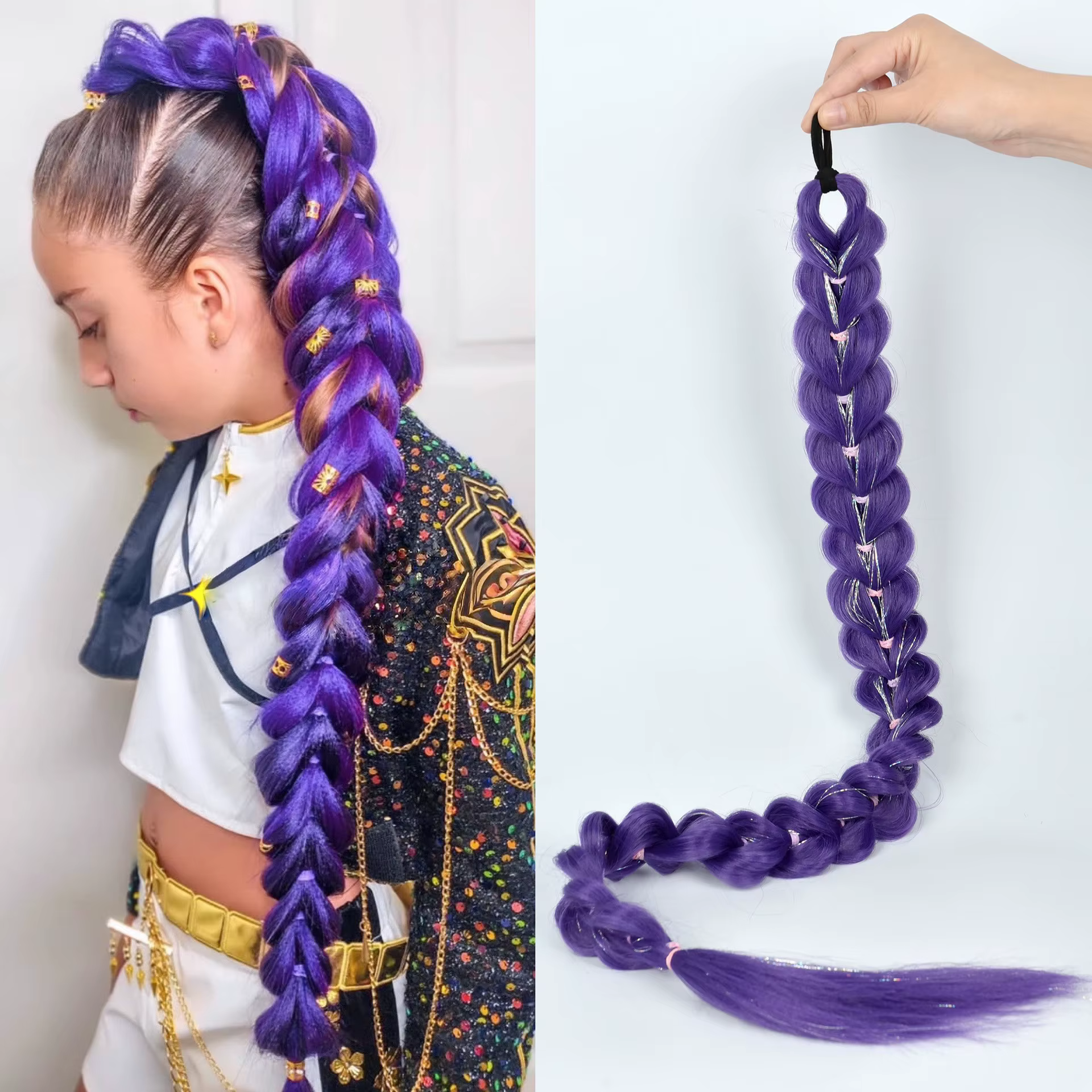 Perruque tressée violette synthétique extra longue de 32 po | Métallique chatoyant | Postiche de costume de Noël pour