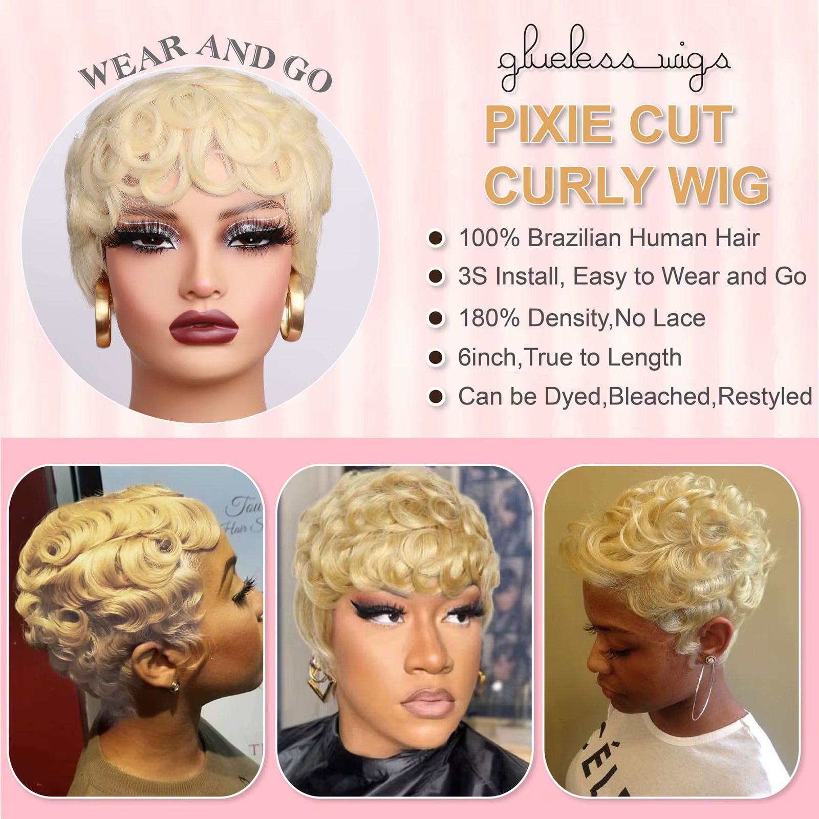 613 miel blond bouclés coupe lutin perruque 100% cheveux humains avec frange courte bouclés perruques de cheveux humains pour les femmes fabriqués à la Machine