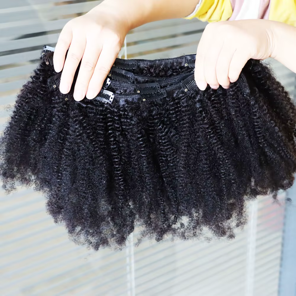 KPLYGDG réel 4C Afro crépus bouclés Extensions de cheveux humains Clips en naturel noir vierge Remy pince dans