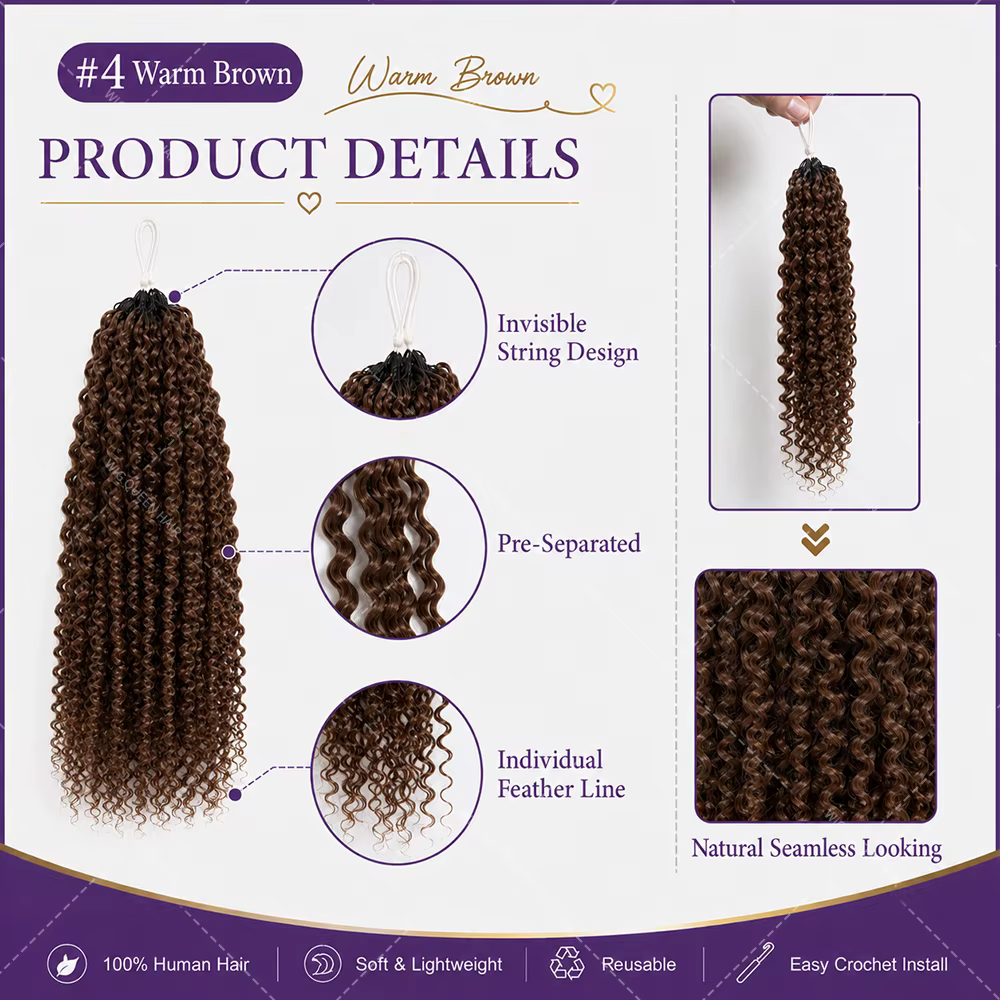 Extensions de cheveux humains bouclés bruns à ondulations profondes