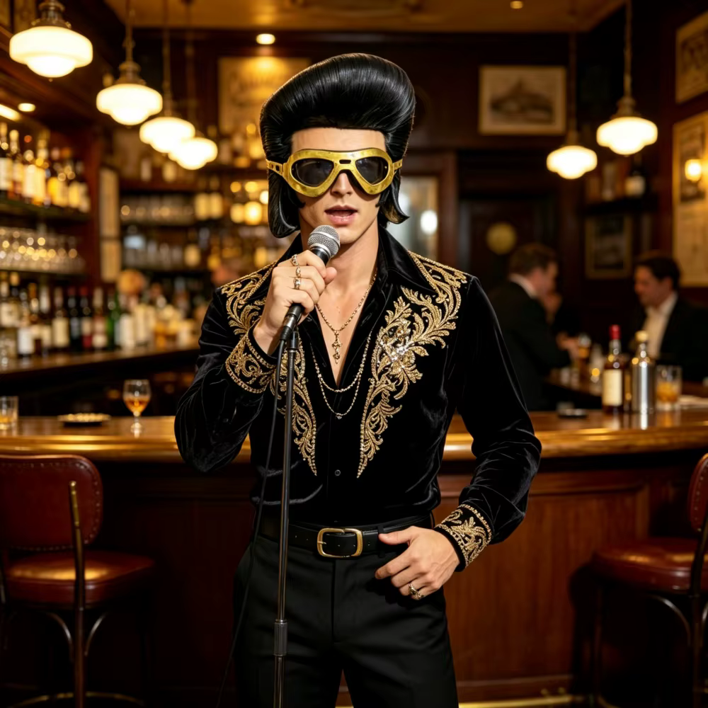 Masque de style rock vintage avec lunettes dorées et coiffure pompadour noire pour costume de fête pour homme