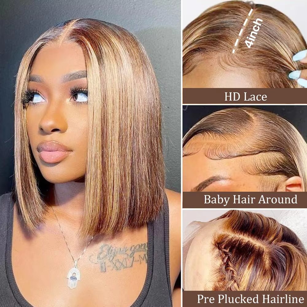 Perruque Bob Lace Front 13x4 en Cheveux Humains, Lisse, Blond Miel P4/27, Pré-épilée avec Baby Hair