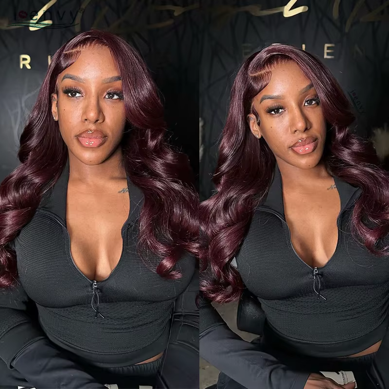 Perruque Lace Front Wig Body Wave Naturelle Bouclée Bordeaux
