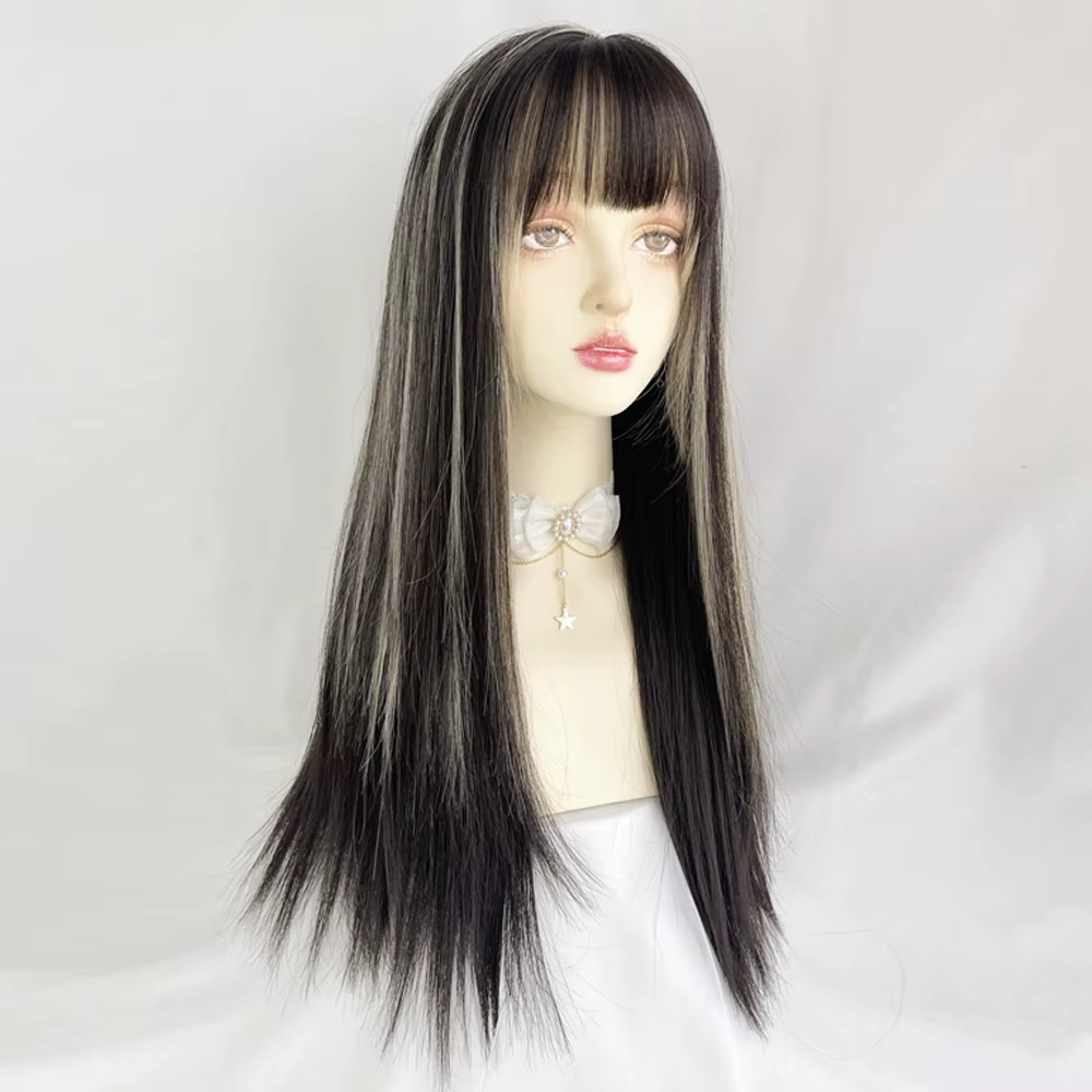 Perruque Synthétique Longue et Lisse avec Frange pour Femme
