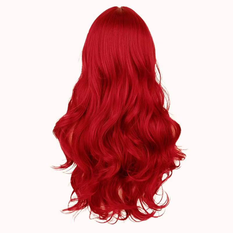 Perruque synthétique ondulée longue bouclée rouge résistante à la chaleur avec frange pour femmes