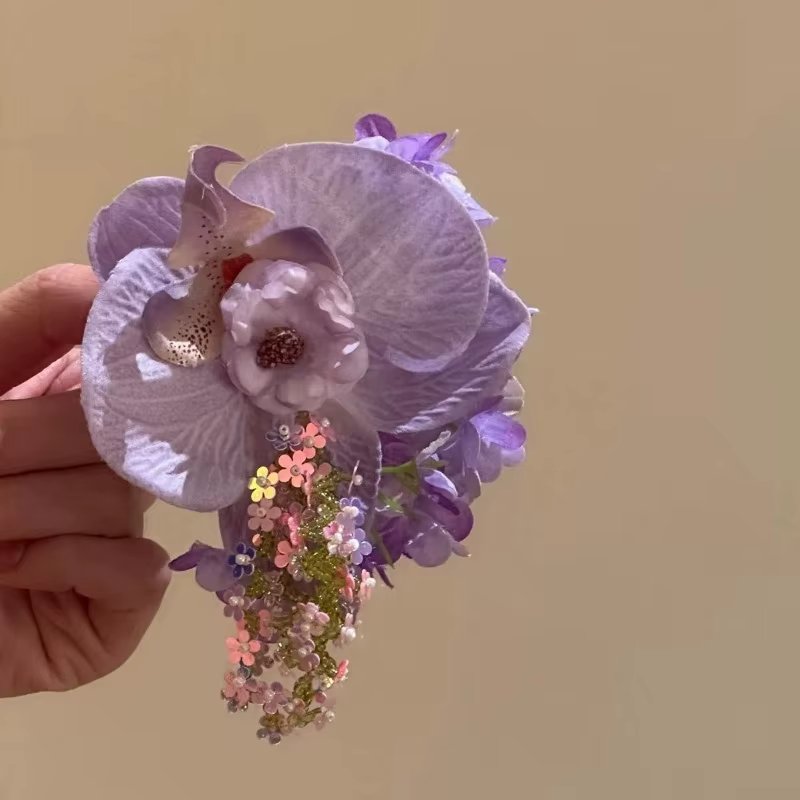 Pince à cheveux coréenne à fleurs violettes éthérées – Accessoire photo printemps-été