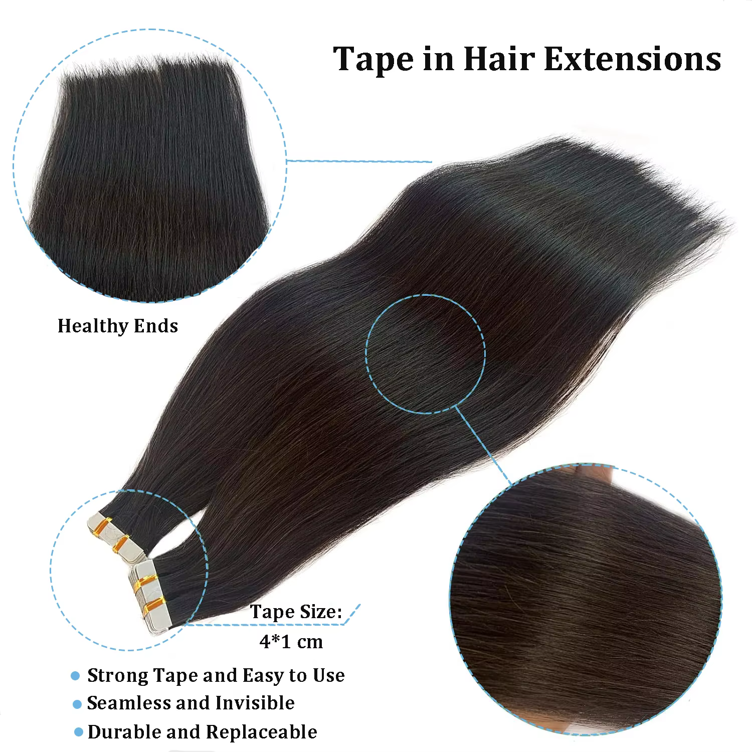 Extensions de cheveux humains à bandes adhésives