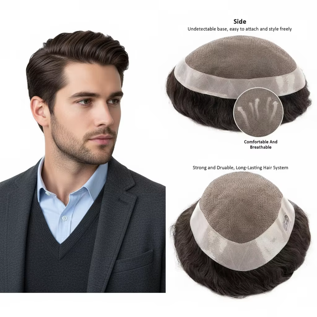 Hommes toupet D7-3 100% cheveux humains Mono Base dentelle + PU pour calvitie complète prix de liquidation petites