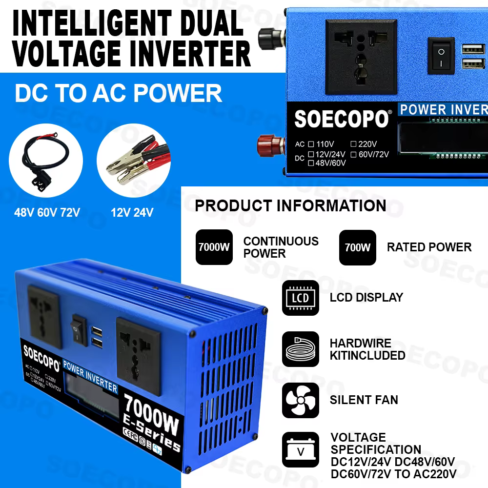 Convertisseur de tension double 7000W-10000W DC 12/24V 48/60V 60/72V vers AC 220V 50Hz avec port USB pour camping-car, camping, camion, extérieur