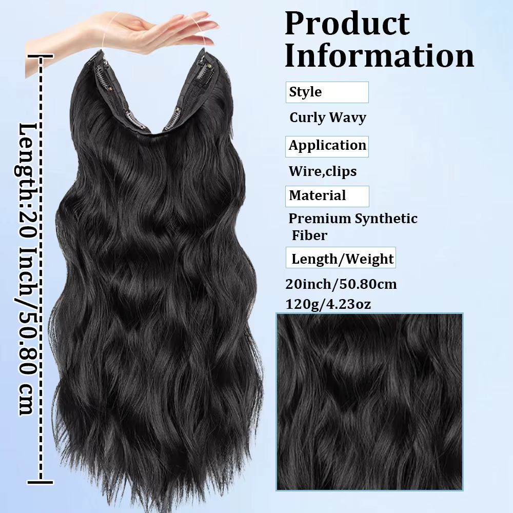 Extensions de cheveux synthétiques ondulées longues noires de 20 pouces avec fil invisible