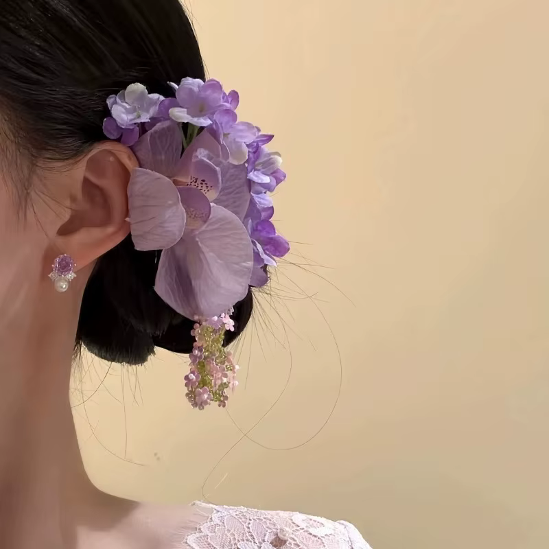 Pince à cheveux coréenne à fleurs violettes éthérées – Accessoire photo printemps-été