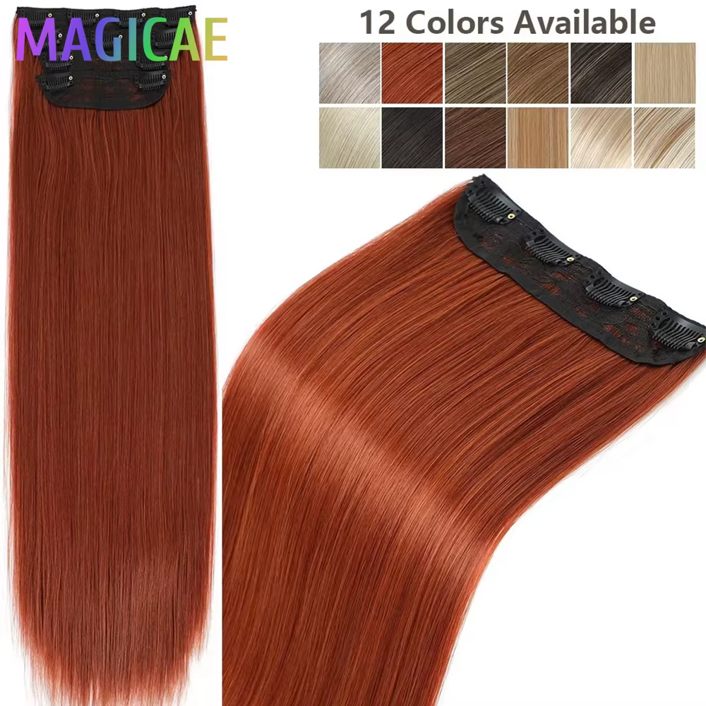 Extensions de cheveux lisses blondes orange de 24 pouces avec clips, ombré marron6 #   Highlight P27/613 #   4 pièces/paquet de cheveux synthétiques résistants à la chaleur