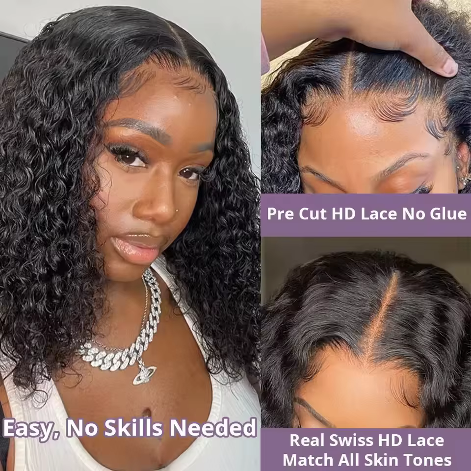 Perruques sans colle à densité 230 %, cheveux humains pré-épilés, perruque frontale en dentelle Deep Wave 13x4, perruques bob Deep Wave en cheveux humains prêtes à porter